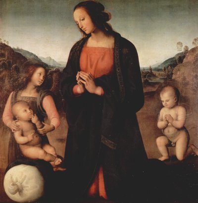 María adorando al Niño Jesús, con Juan el Bautista y un ángel (Madonna del Sacco) de Pietro Perugino